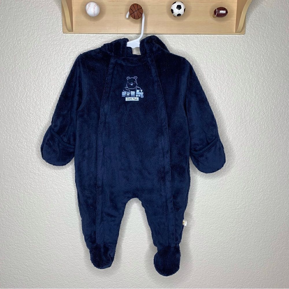 Disney Baby Size 9 Months Classic Pooh Navy Blue Fleece Hooded Pram Winter Suit